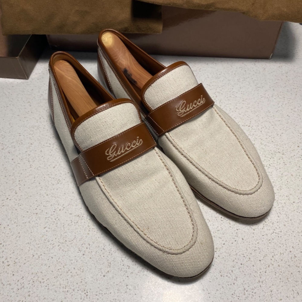 Gucci Penny Loafer Leisure Shoes White Brown Strap Men US 7.5 w/ original box